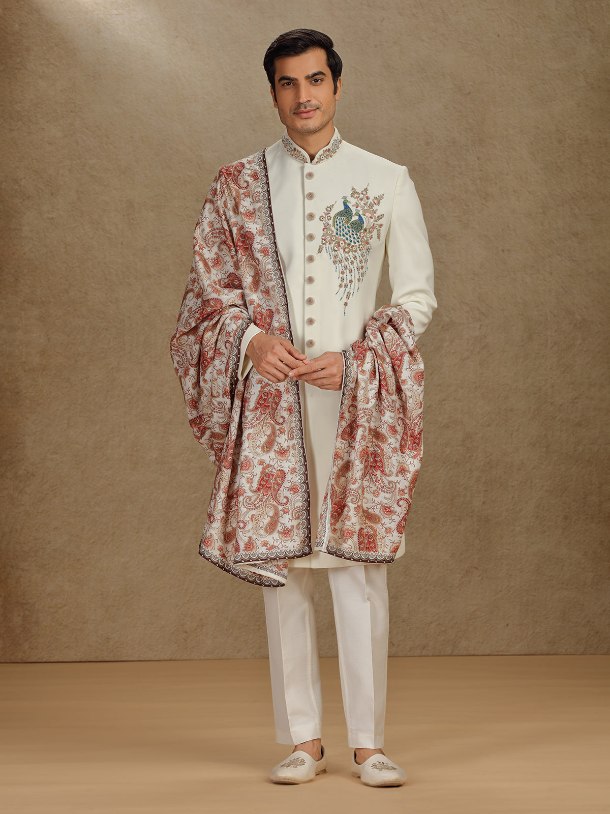 Cream terry rayon indo western with printed dupatta