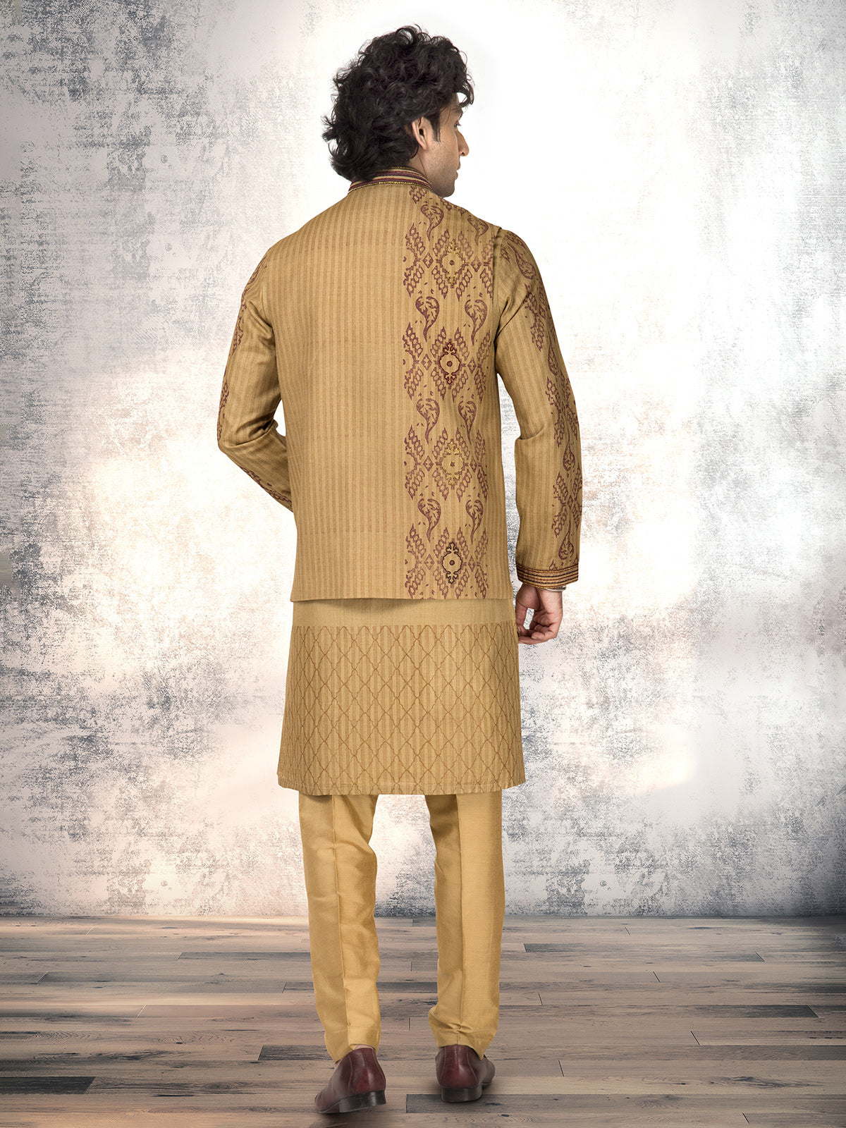 Dark beige munga silk block printed waistcoat set