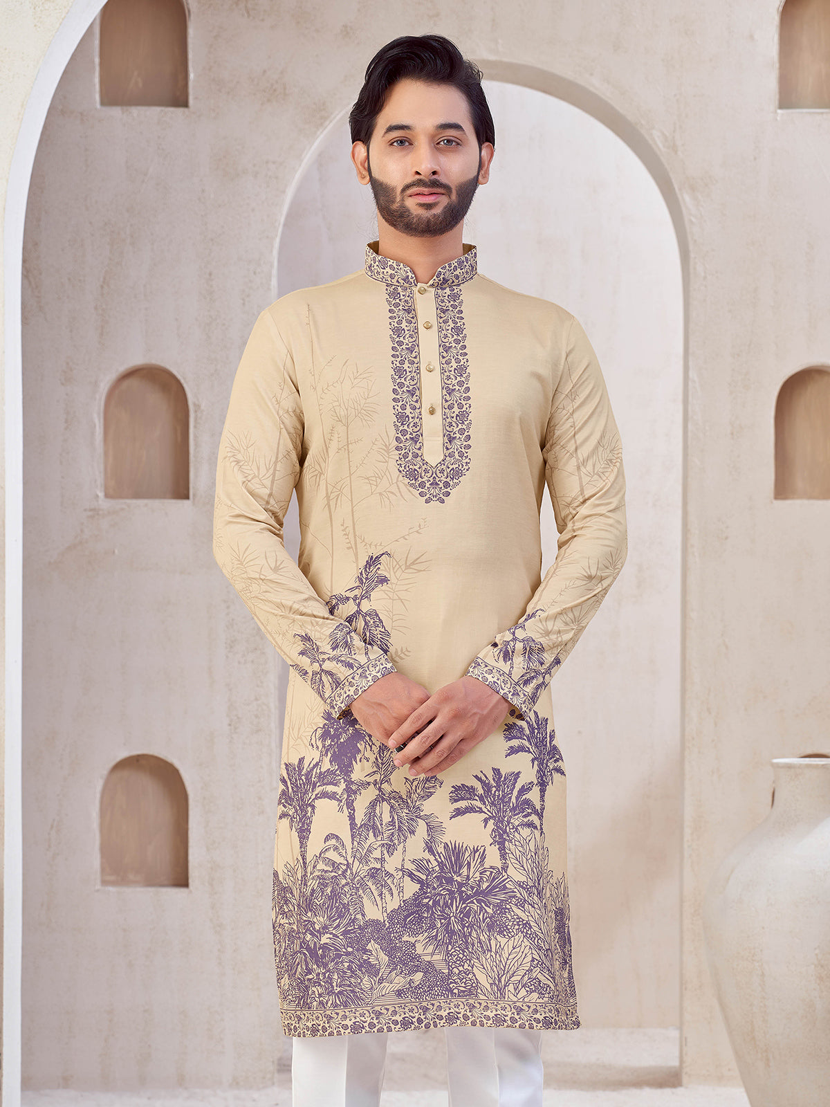 Dark Beige printed cotton kurta suit