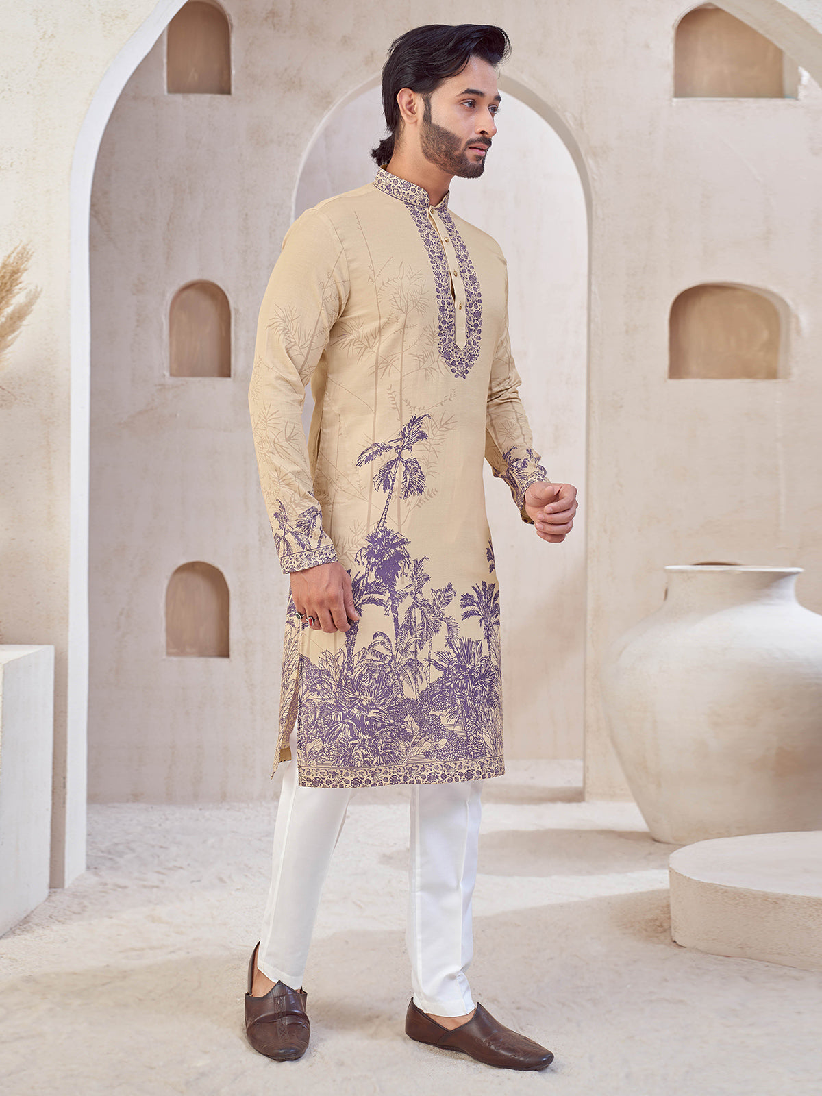 Dark Beige printed cotton kurta suit