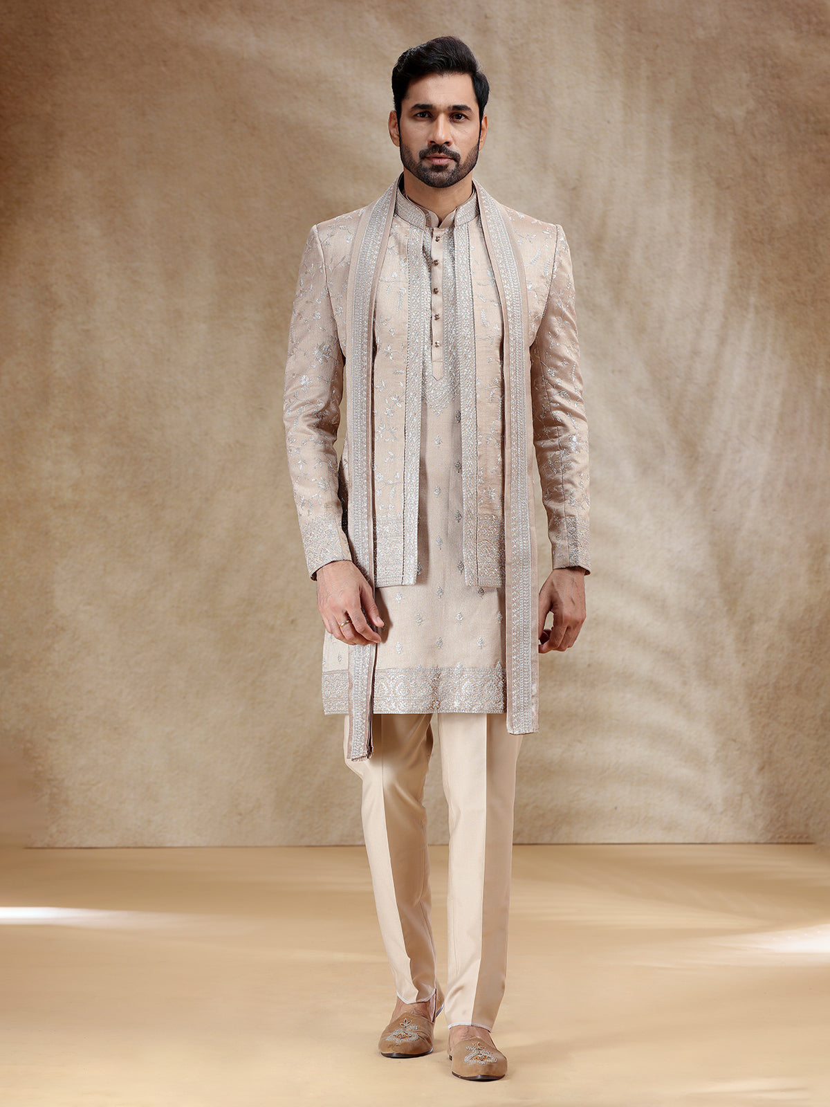 Dark Beige resham worked indowestern set with dupatta