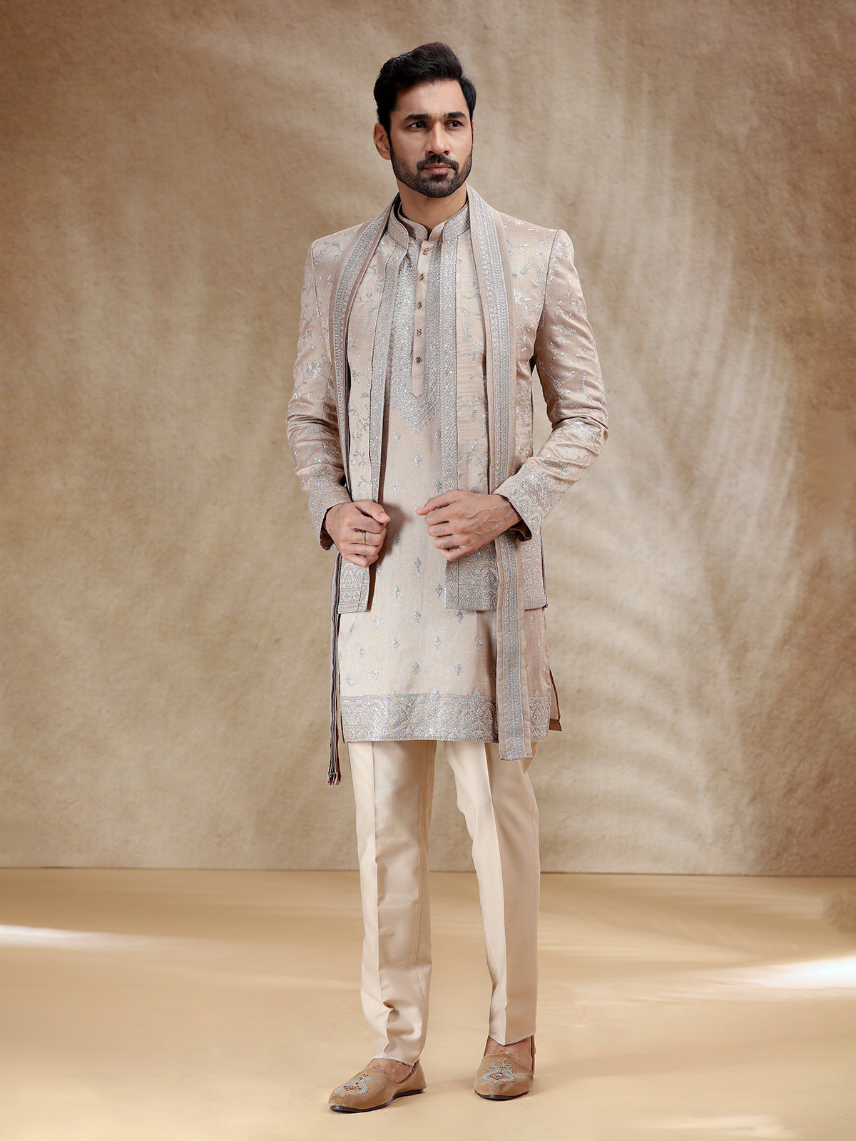 Dark Beige resham worked indowestern set with dupatta