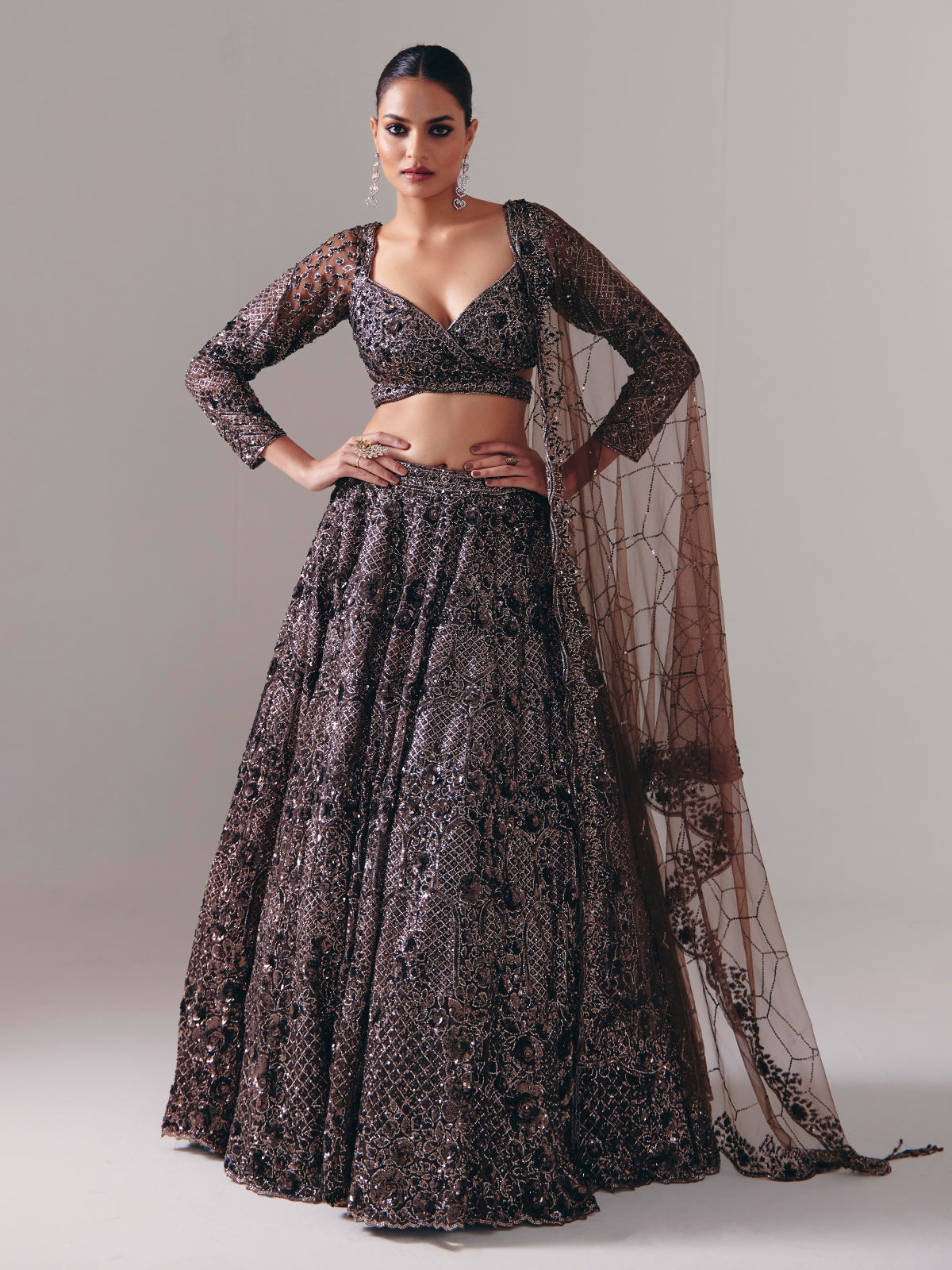 Dark brown net designer lehenga choli with dupatta