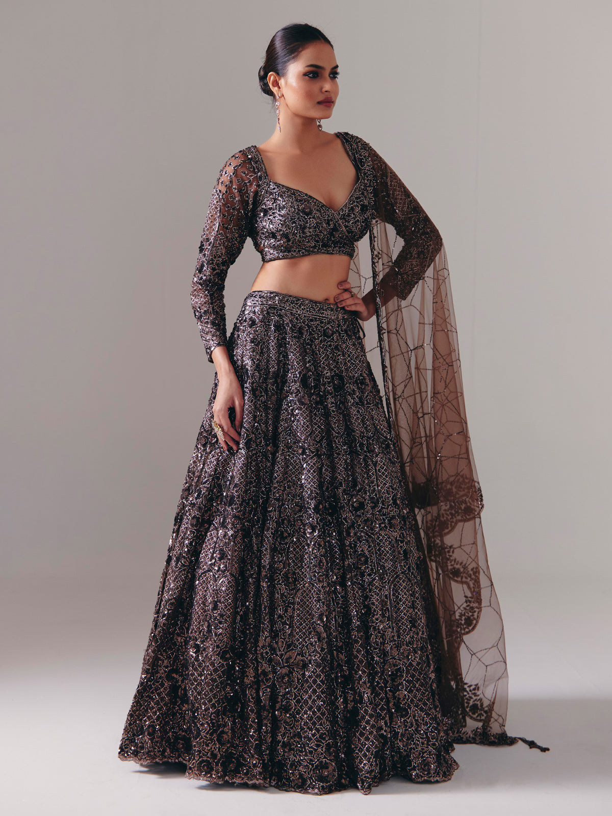 Dark brown net designer lehenga choli with dupatta
