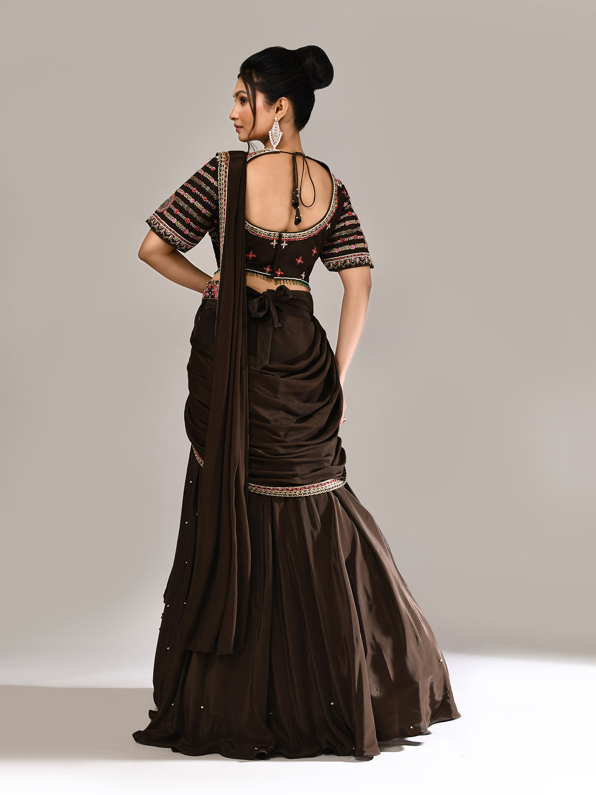 Dark brown silk lehenga choli with attached dupatta