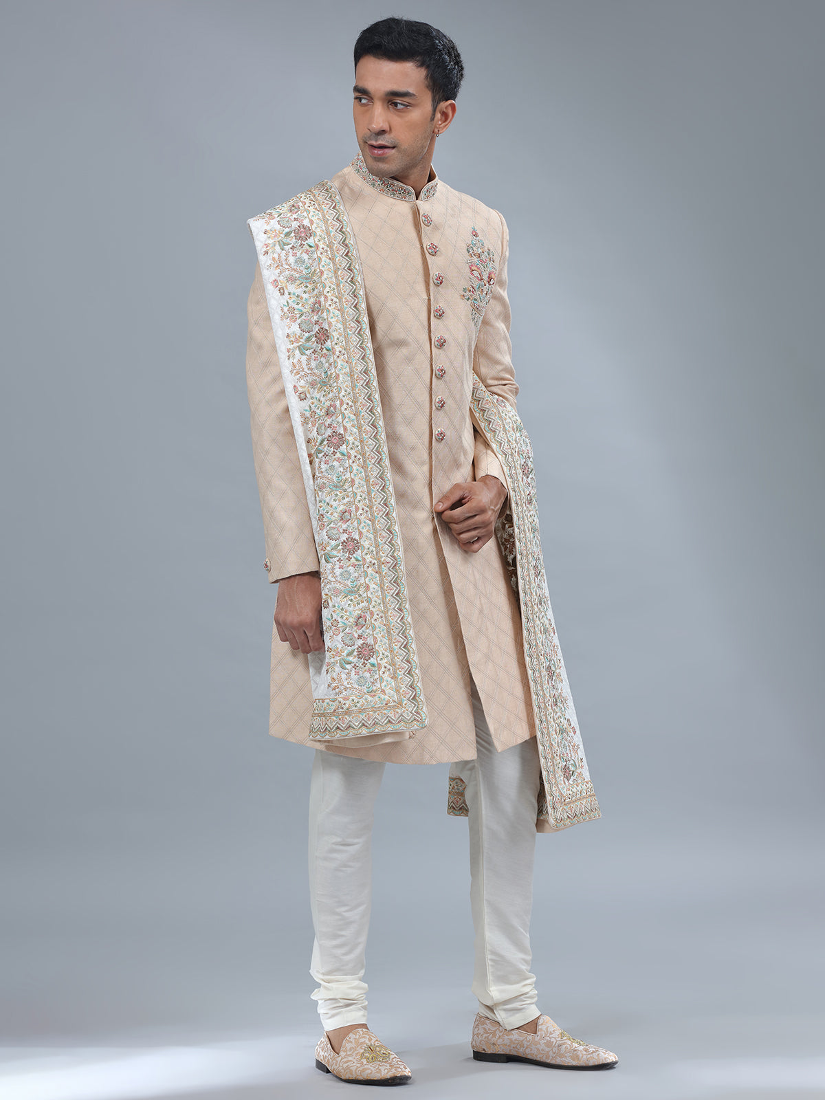 Dark cream silk sherwani for wedding