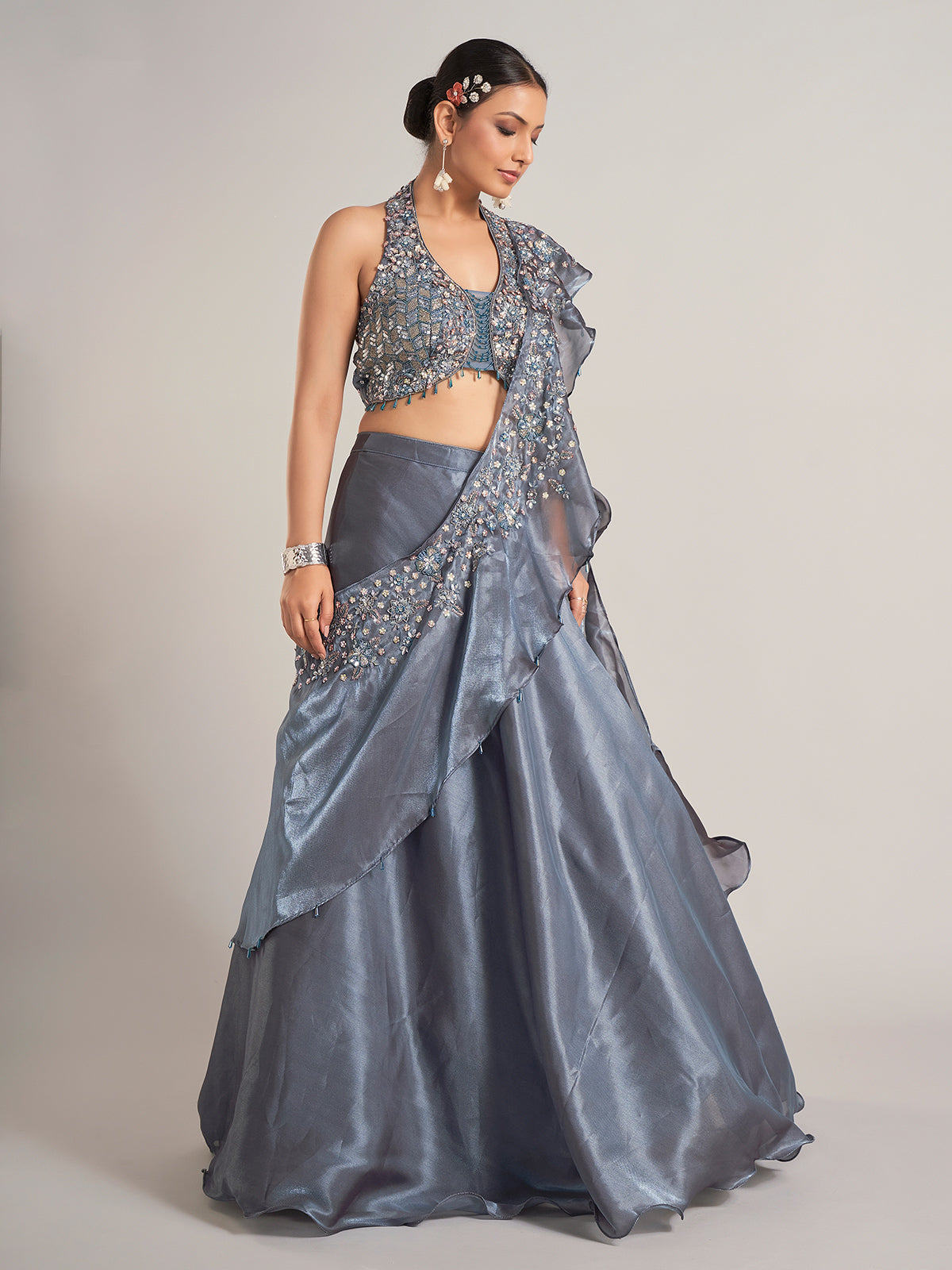 Dark grey organza lehenga choli with attetched dupatta