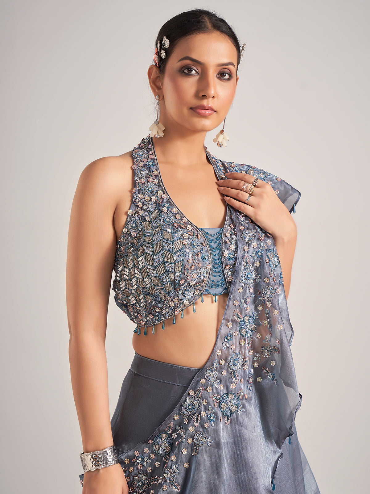 Dark grey organza lehenga choli with attetched dupatta