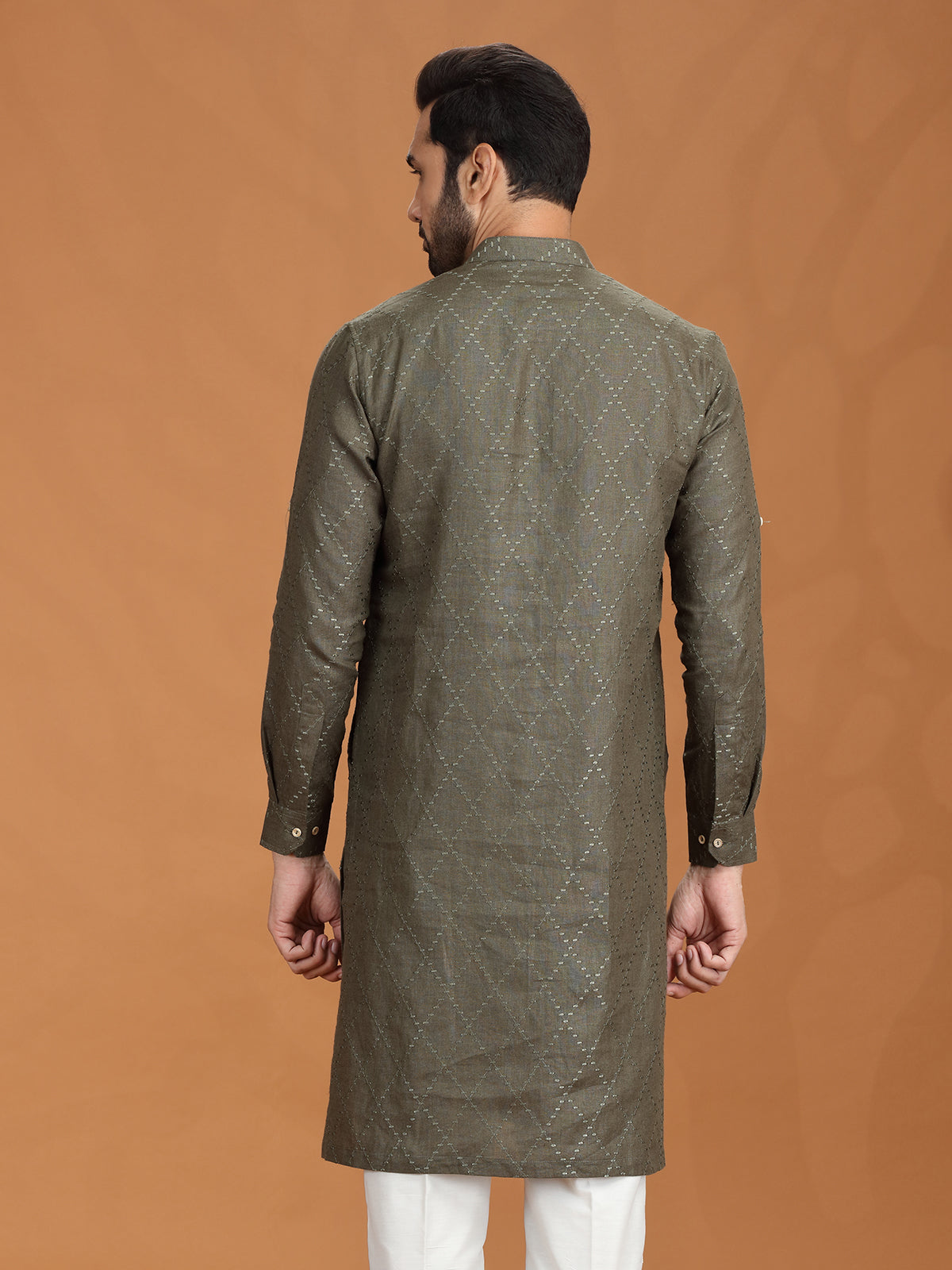 Dark olive embroidered festive linen kurta mens