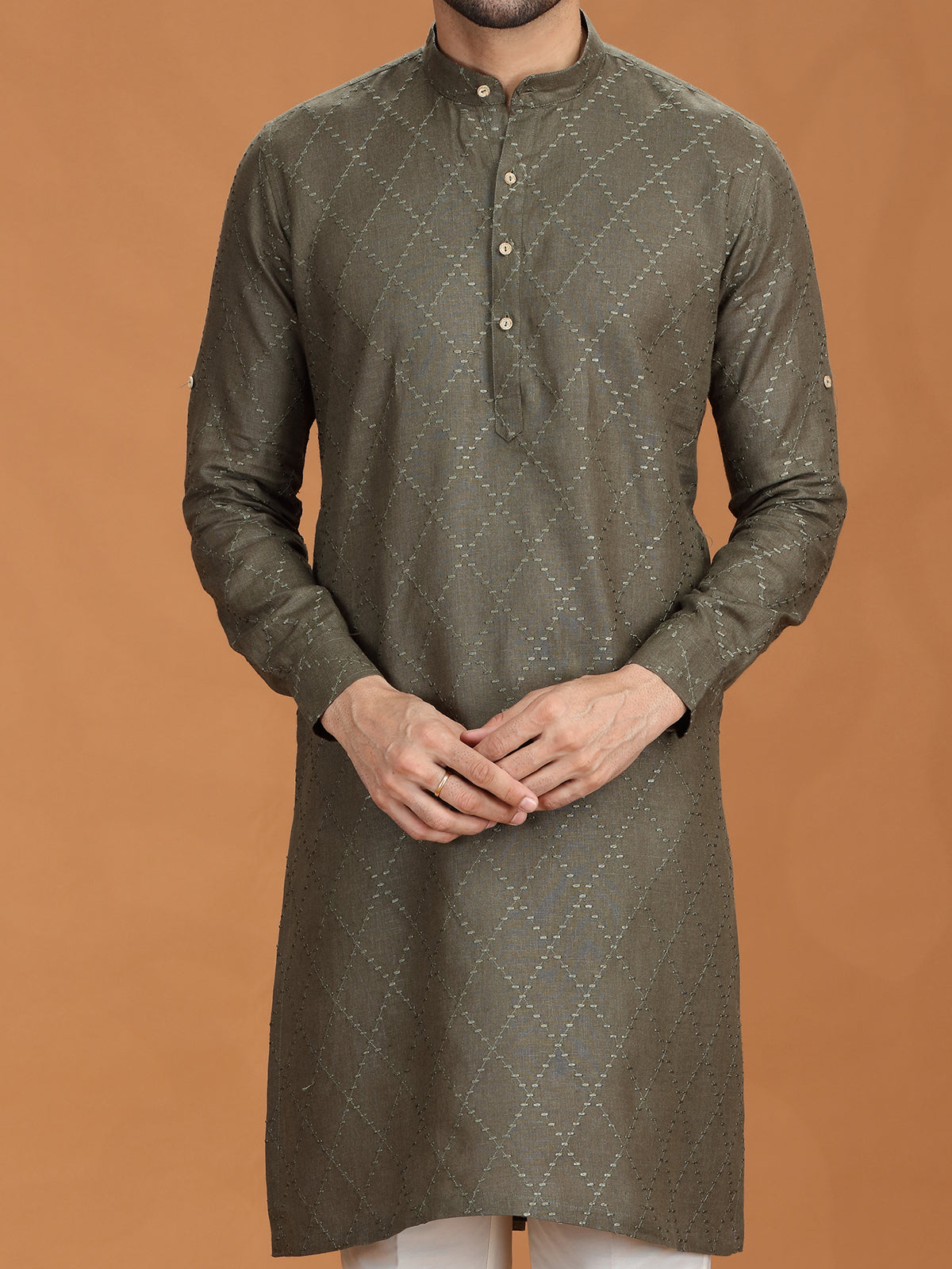 Dark olive embroidered festive linen kurta mens