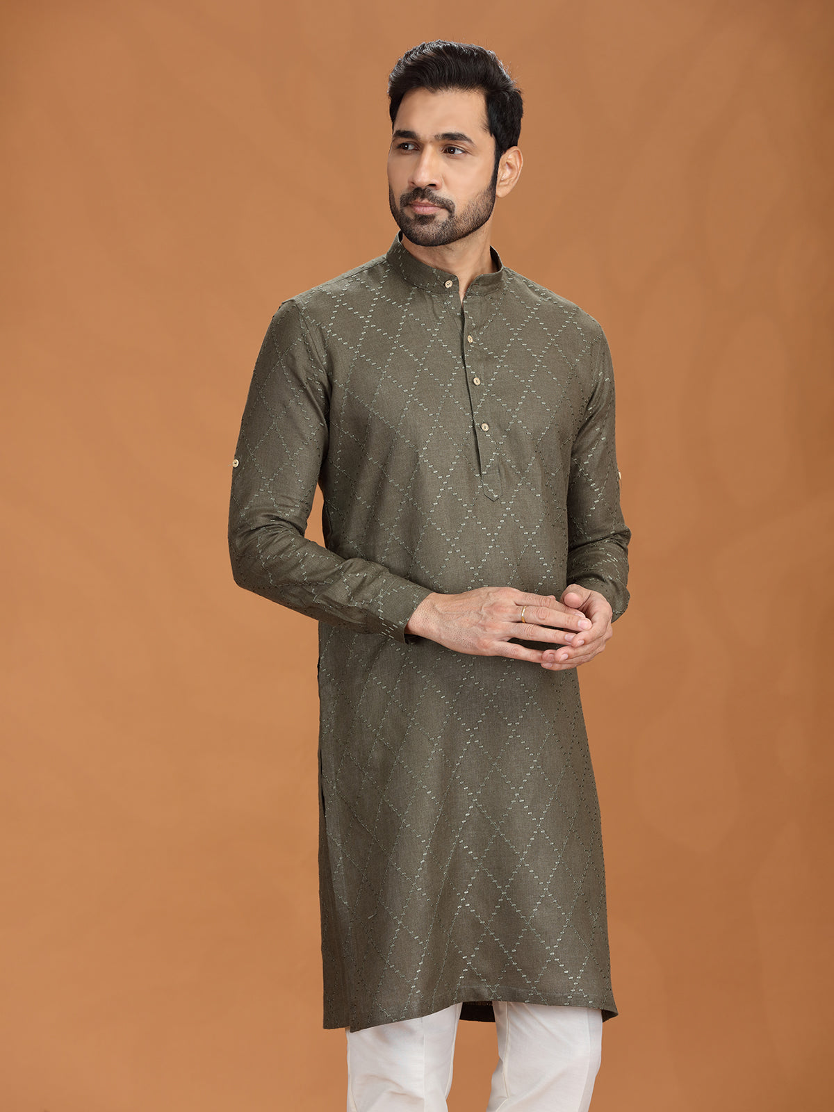 Dark olive linen embroidered kurta set for mens