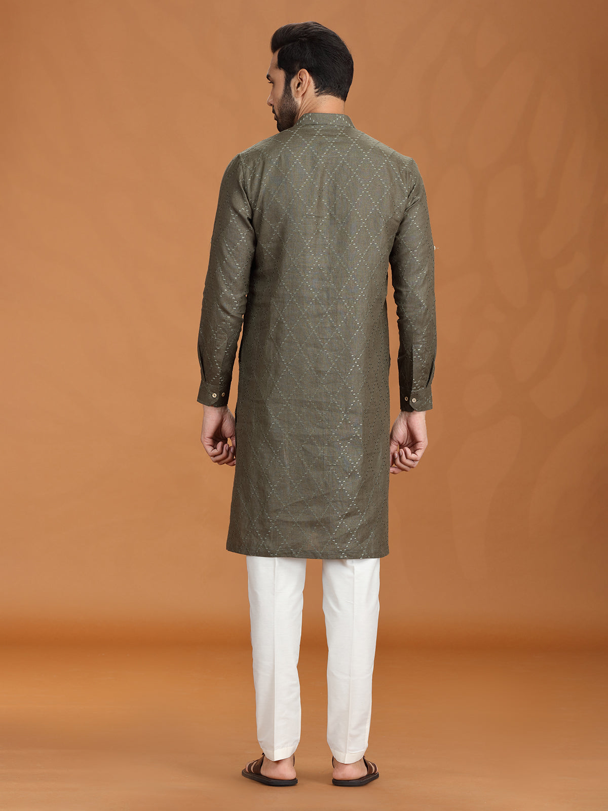 Dark olive linen embroidered kurta set for mens