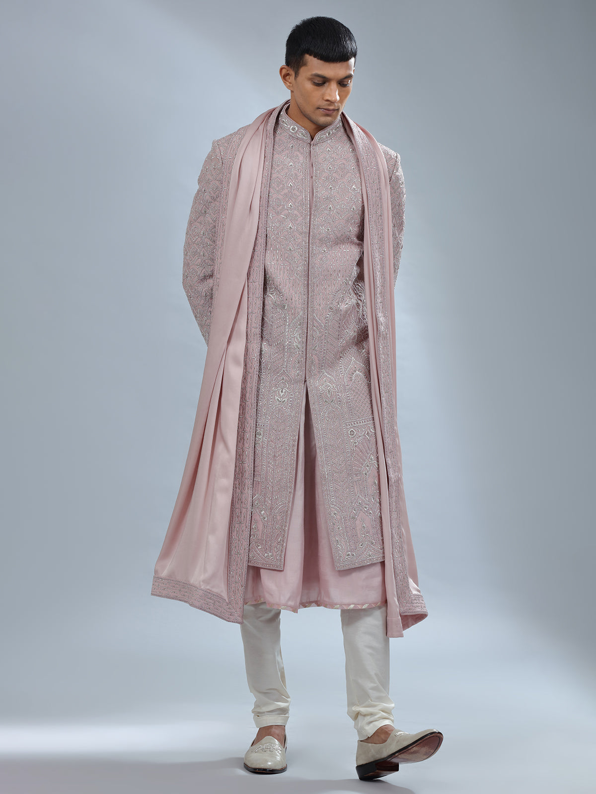 Dark peach peshwai style sherwani for groom