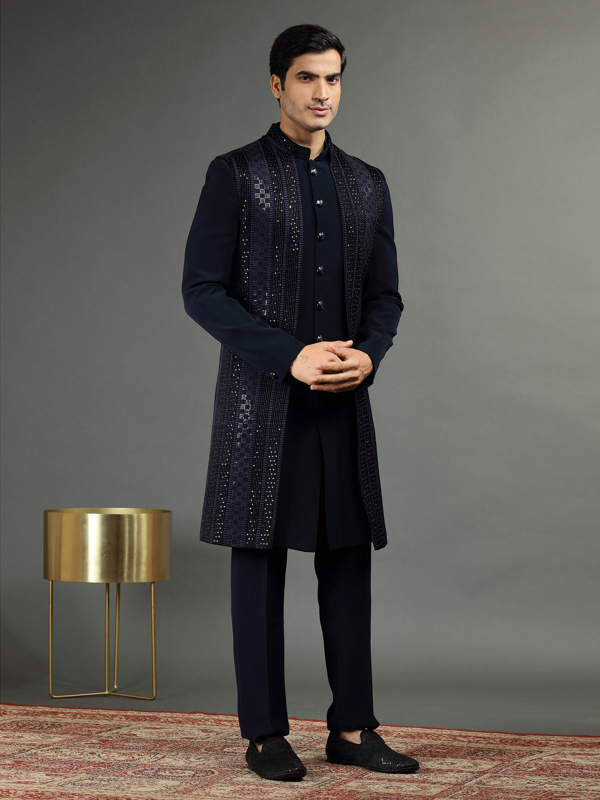 Velvet and terry rayon indowestern in navy