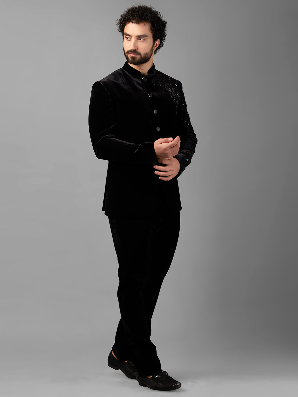 Designer black velvet jodhpuri suit