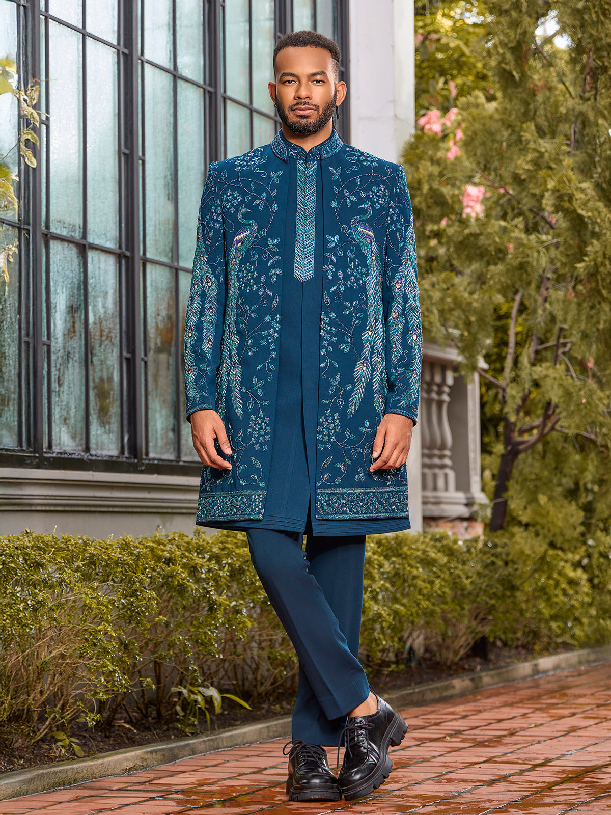 Designer blue art silk peacock motif indo western