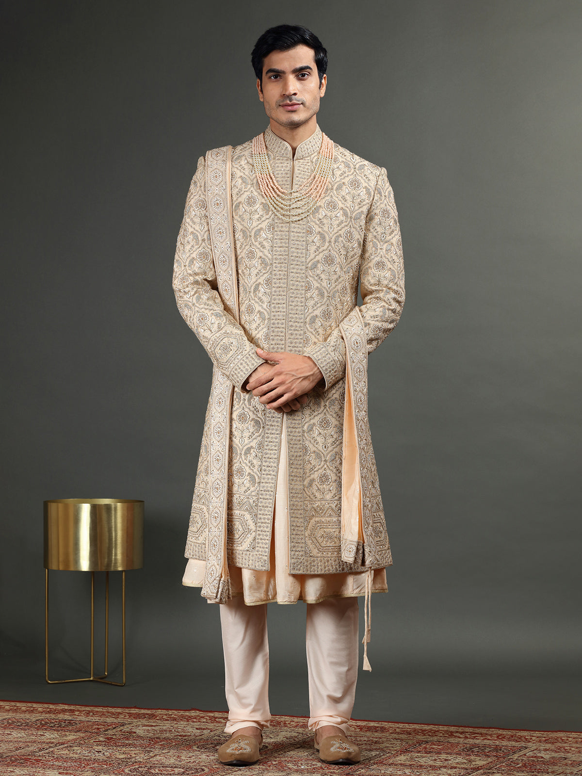 Designer dusty peach raw silk sherwani