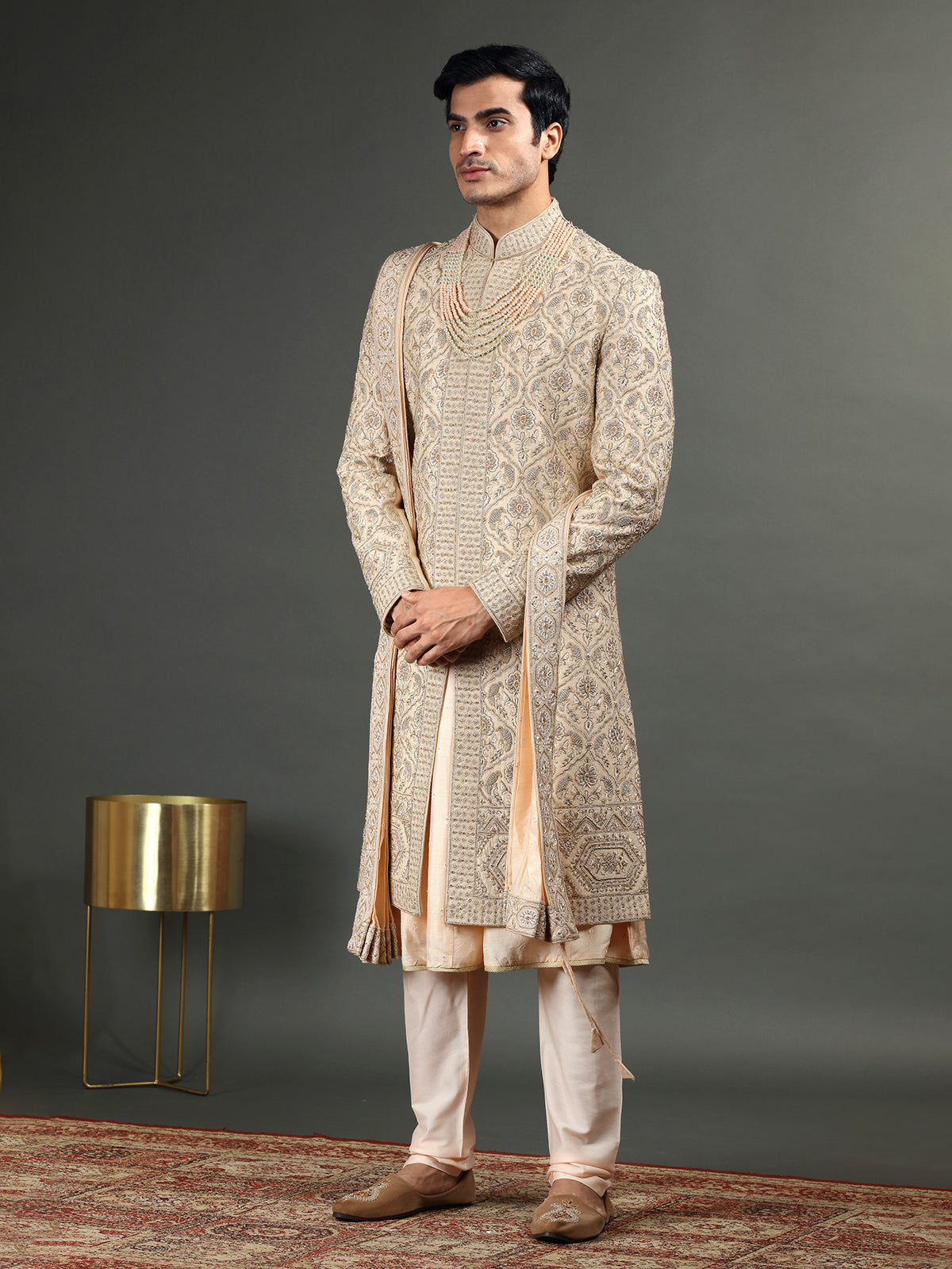 Designer dusty peach raw silk sherwani