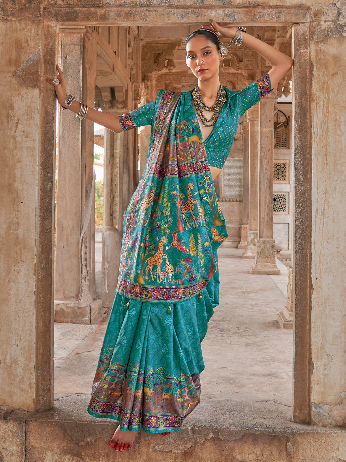Dusty aqua silk printed saree