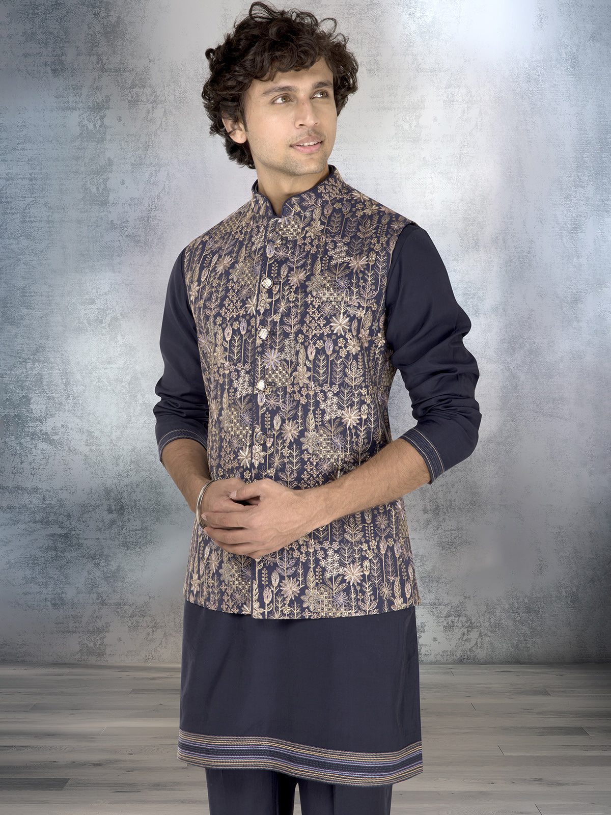 Dusty purple silk waistcoat set with resham and embroidery