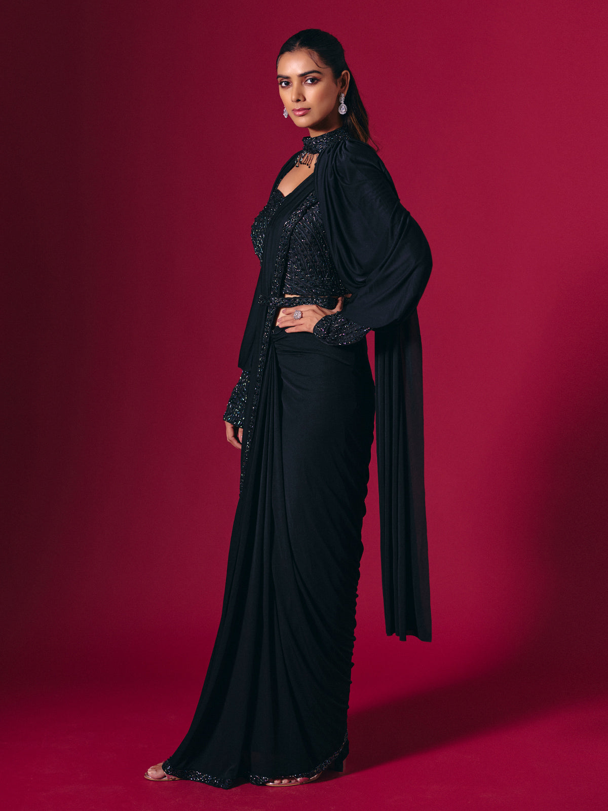Elegant black lycra saree with cutdana pearl work