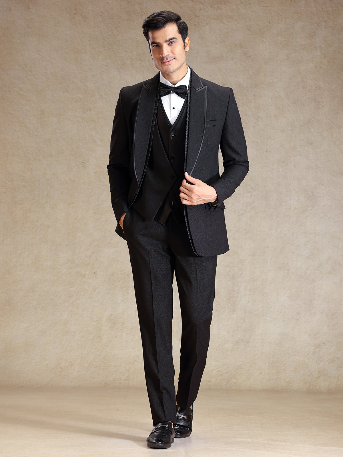 Elegant black terry rayon tuxedo 5 pcs suit for men