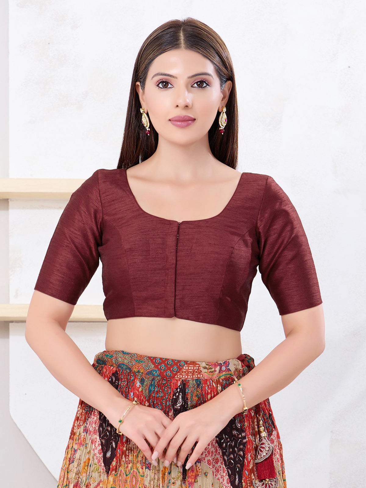 Elegant maroon dupion silk front open blouse