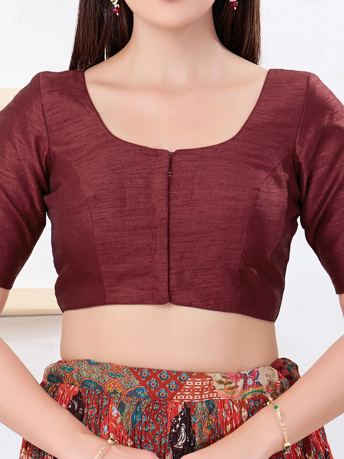 Elegant maroon dupion silk front open blouse