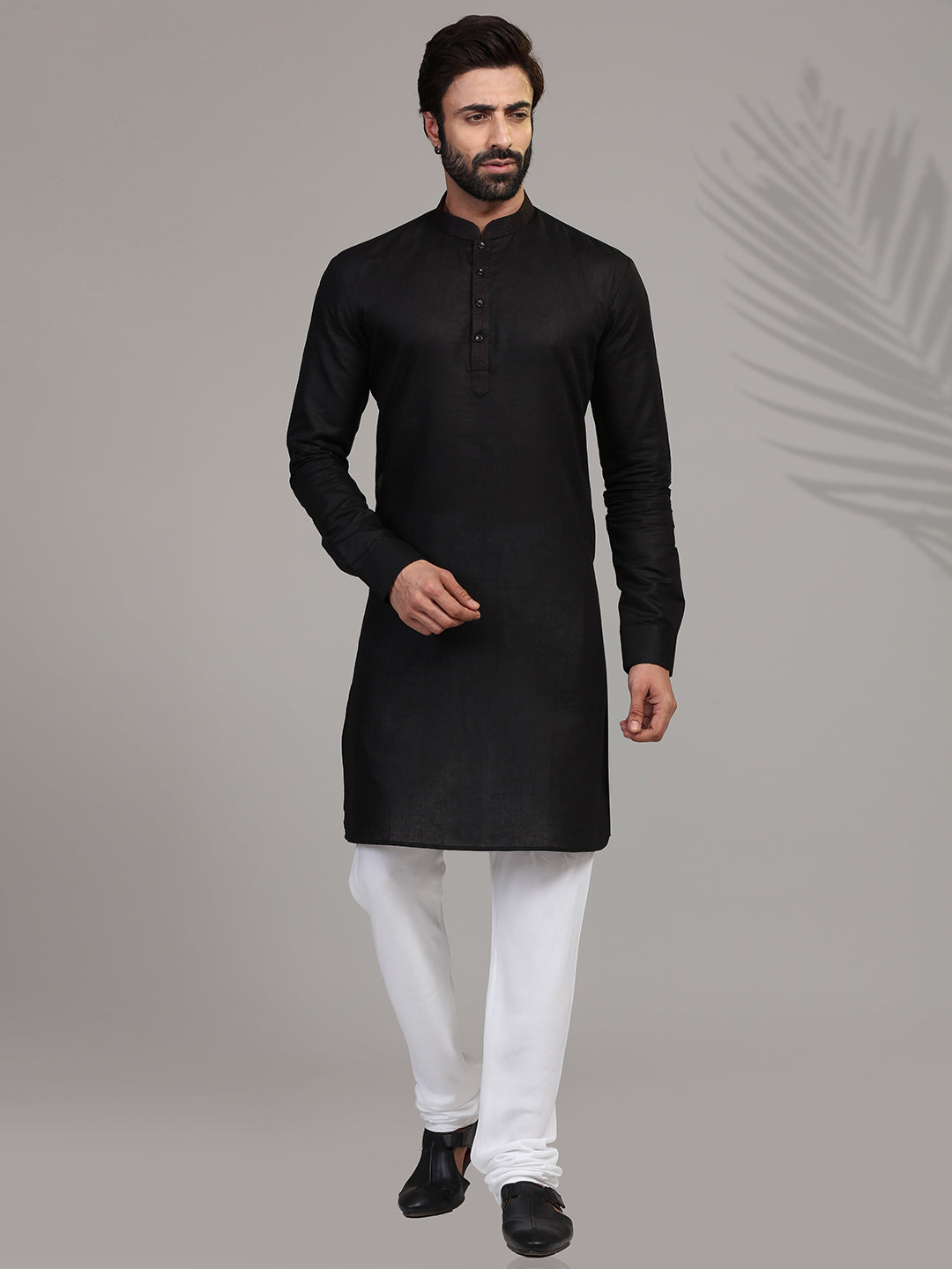 Festive wear black hue stand collar kurta suit