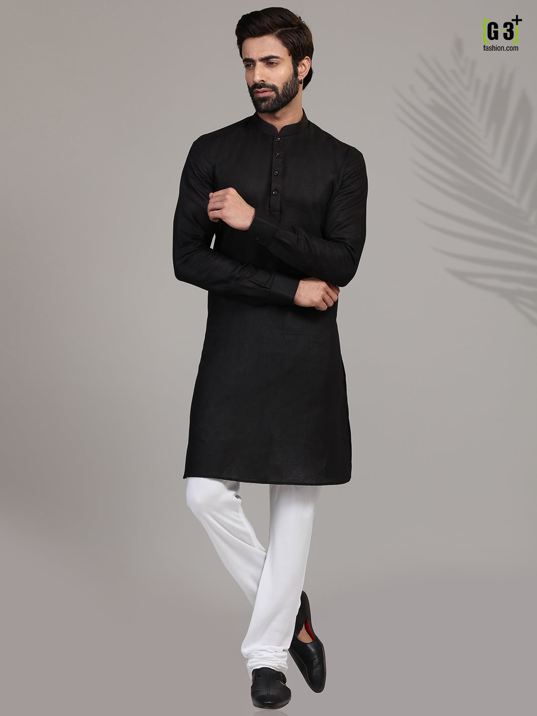 Festive wear black hue stand collar kurta suit