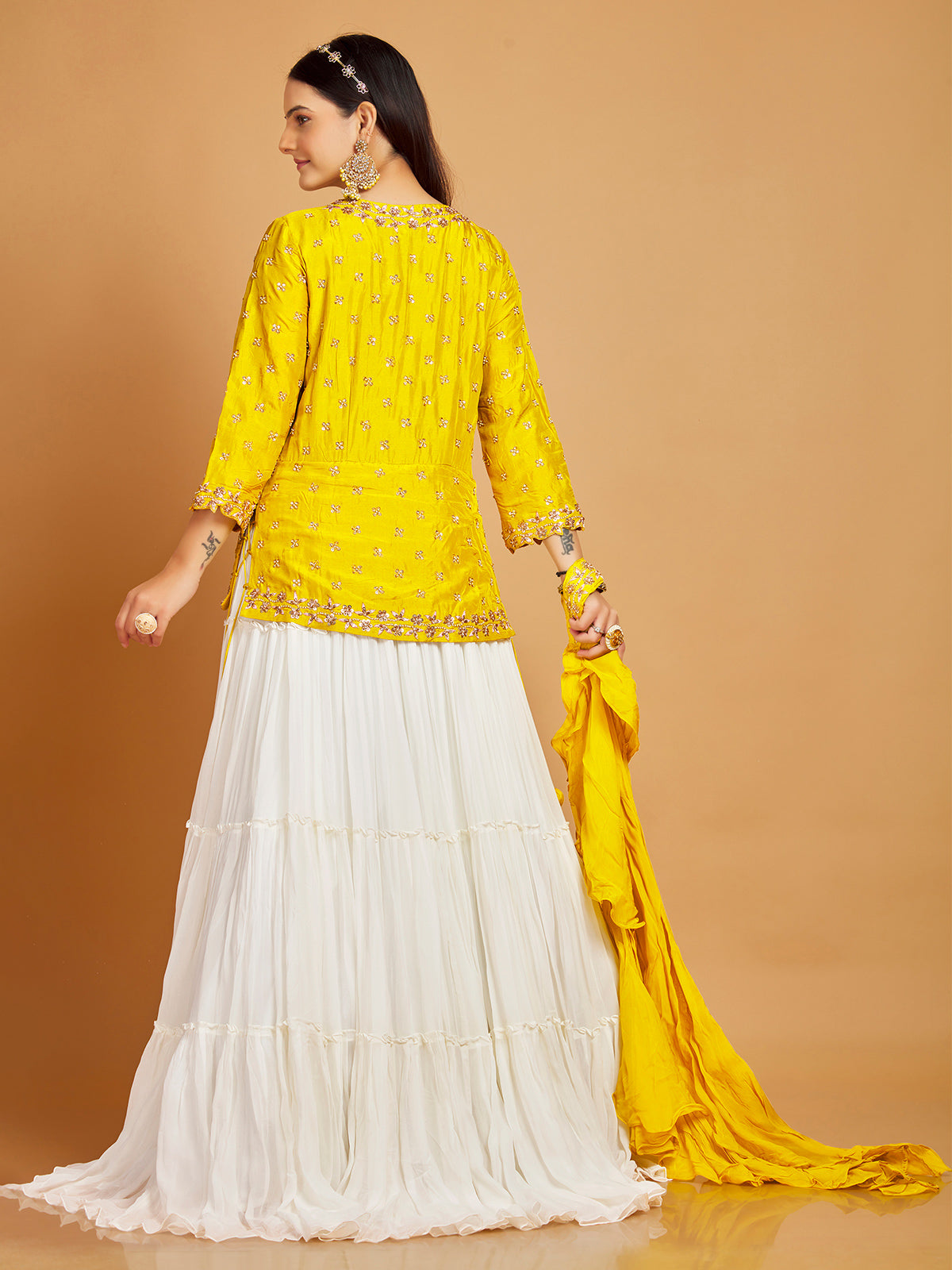 Floor length suit in yellow and white