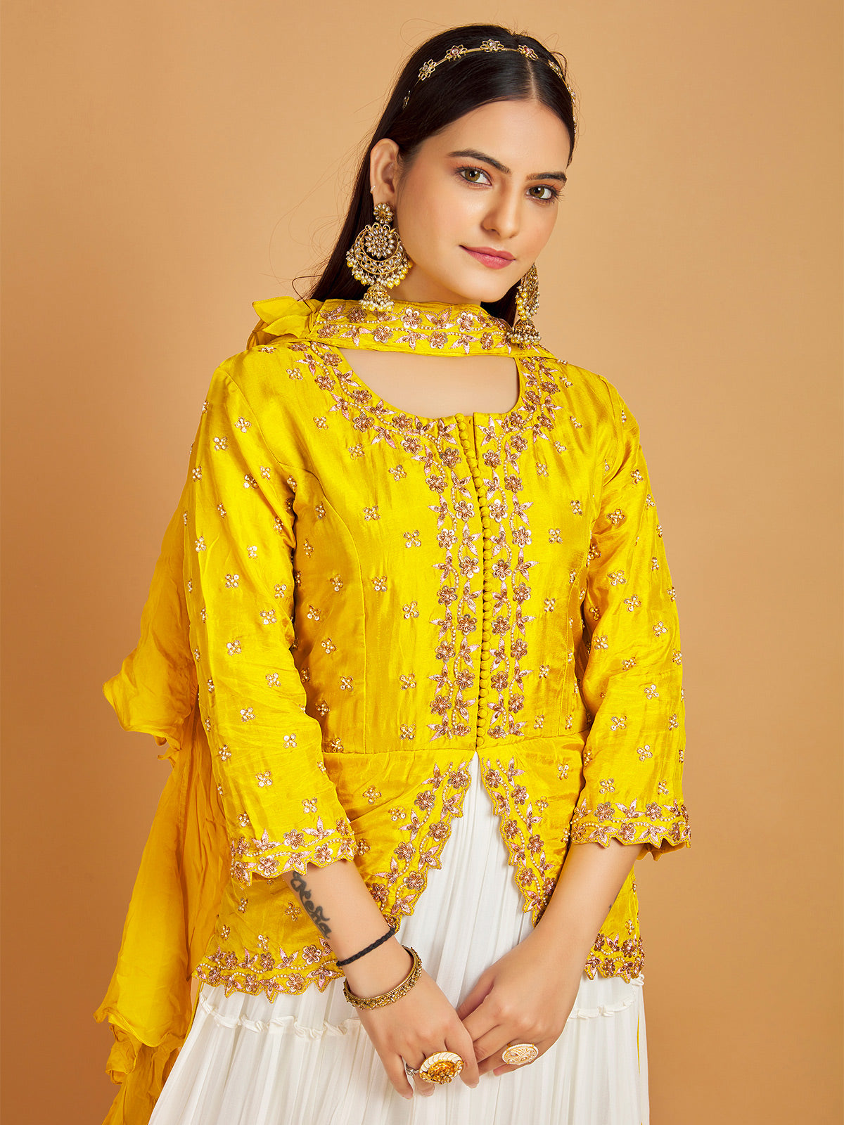 Floor length suit in yellow and white