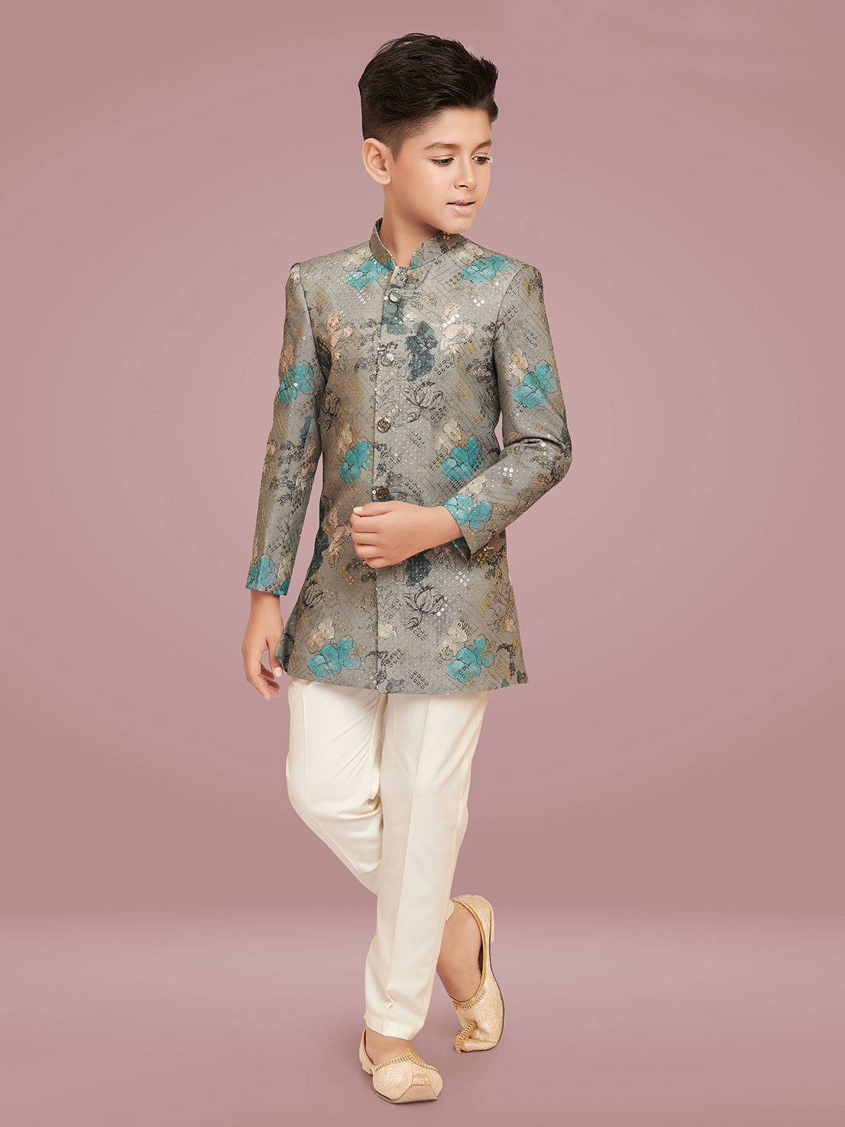 Floral printed silk grey indowestern