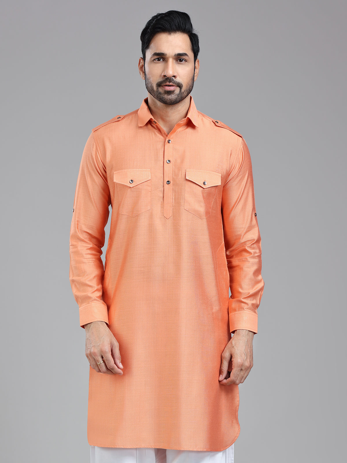 Freshy salmon peach pathani kurta for men