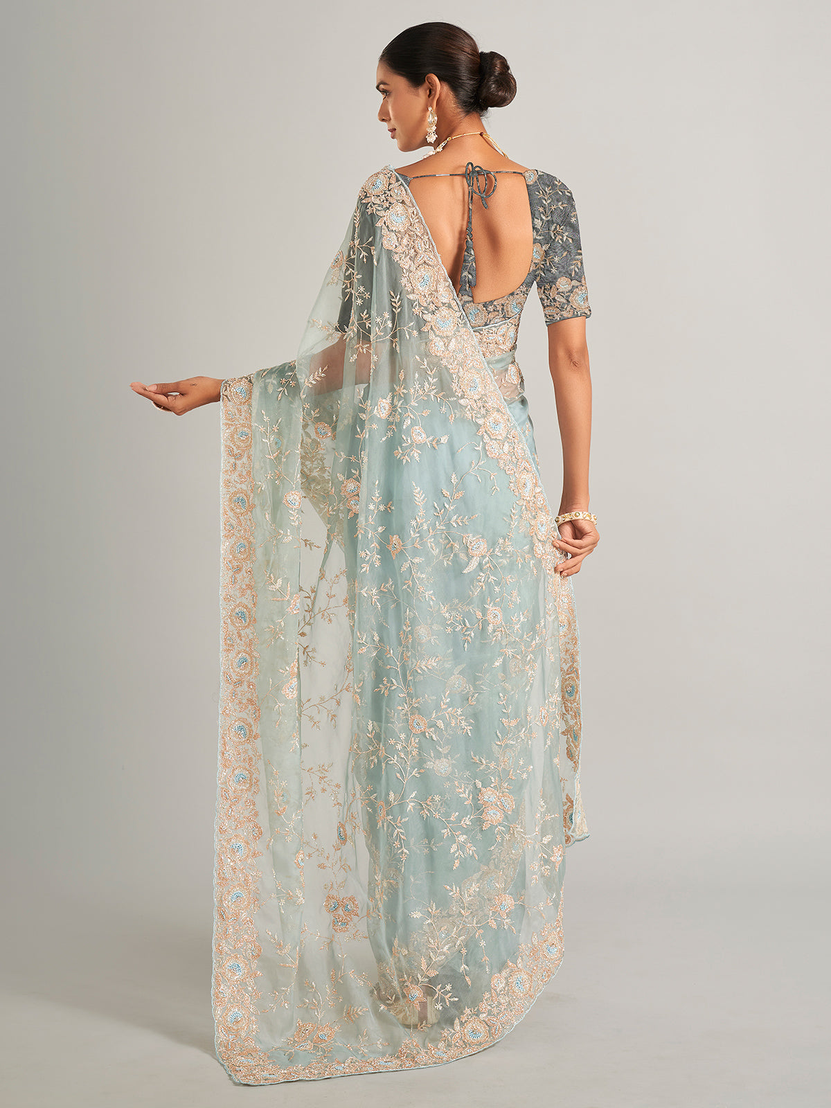 Sky blue saree in organzza silk