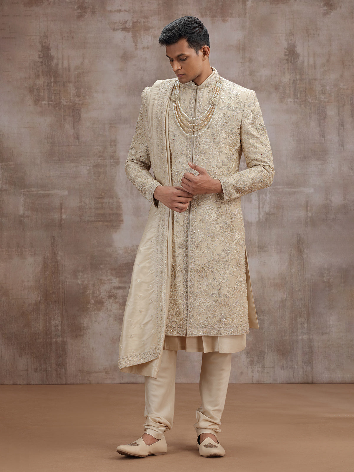 Gold art silk peshwai sherwani with dupatta for wedding