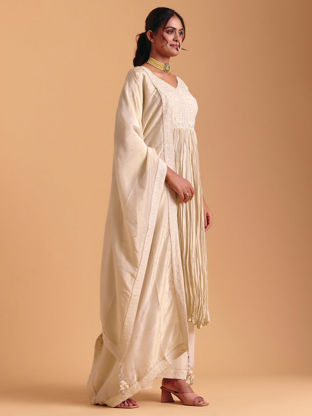 Cream cotton silk bodic style palazzo suit with dupatta