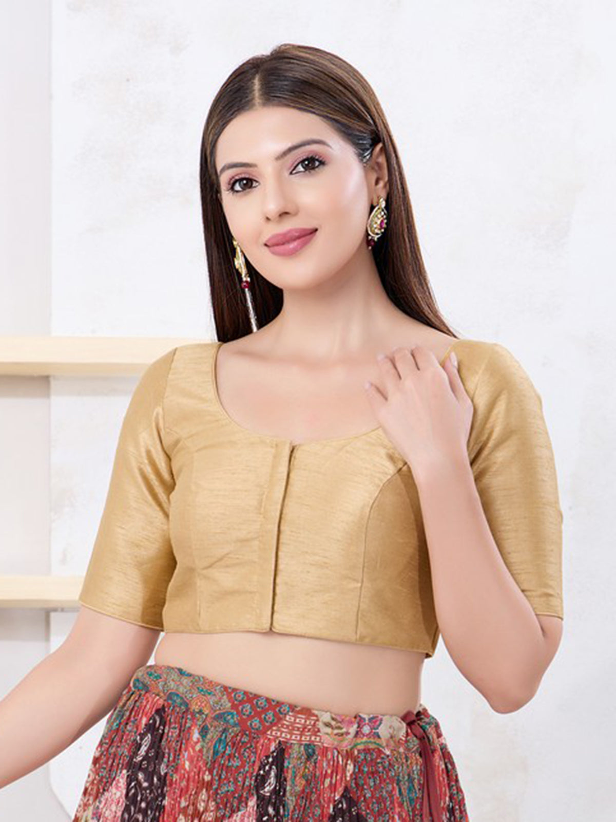 Gold dupion silk solid round neck blouse
