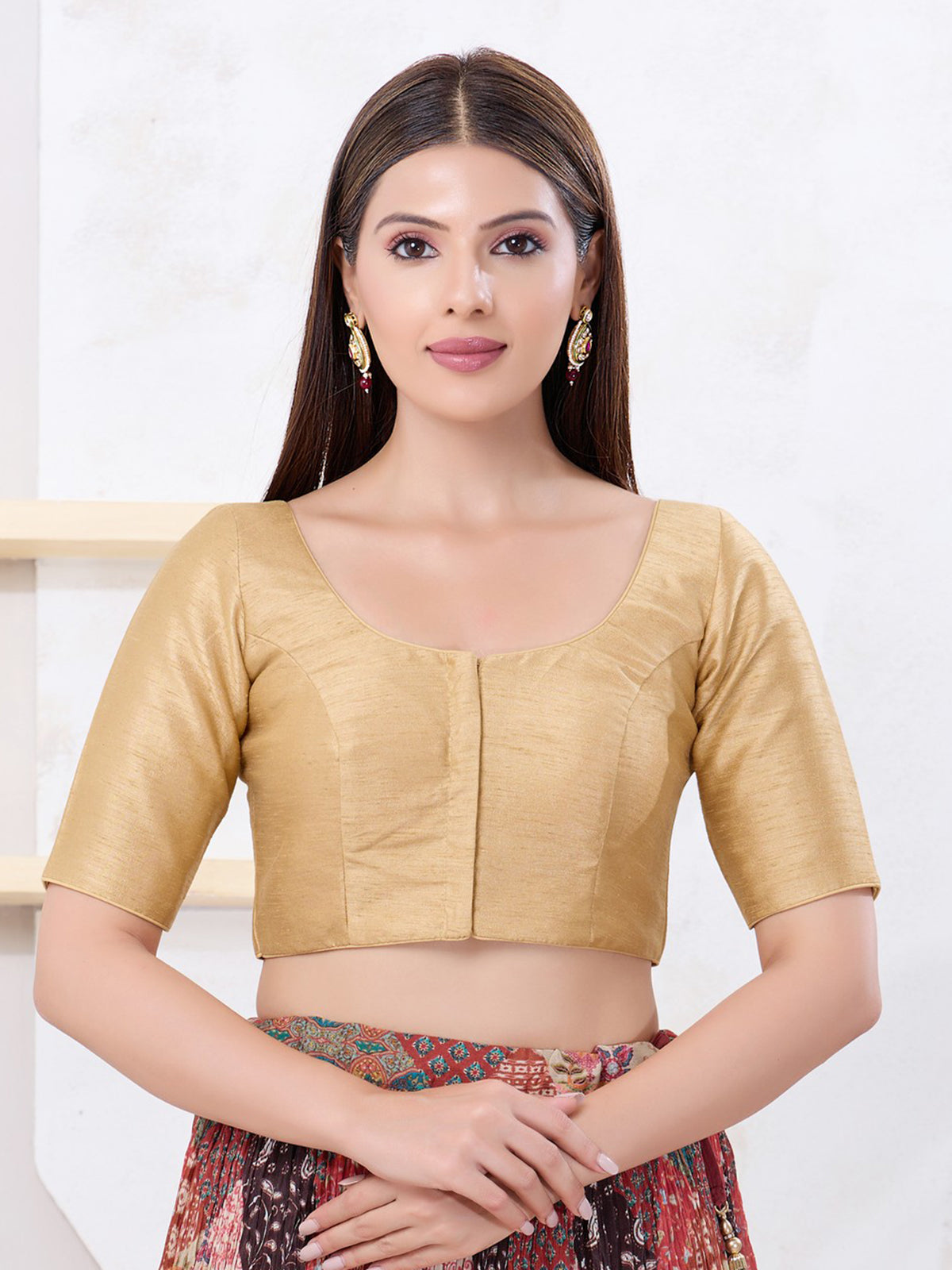 Gold dupion silk solid round neck blouse