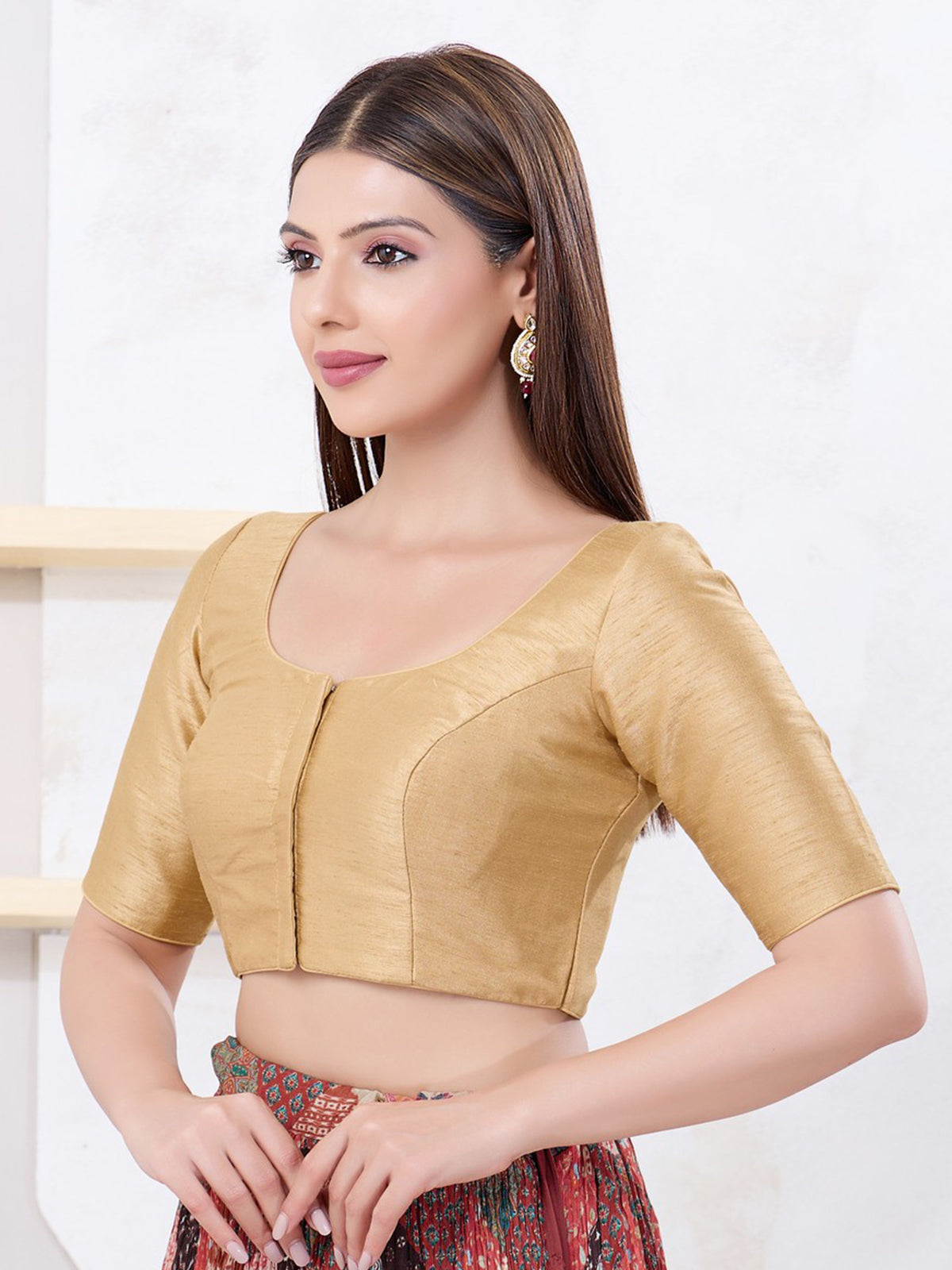 Gold dupion silk solid round neck blouse
