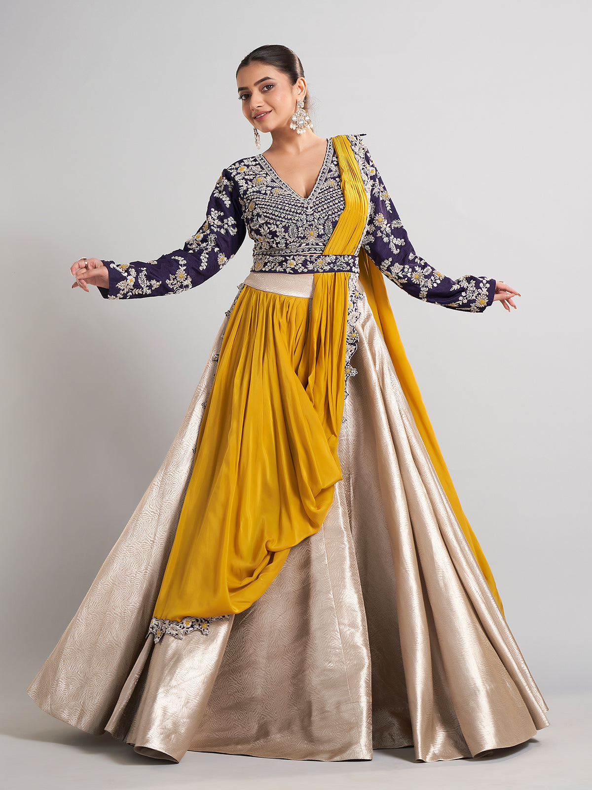 Golden and purple lehenga choli with attached dupatta