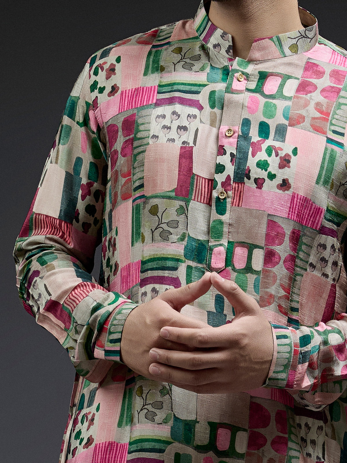 Green and pink coral printed kurta sui in silk for men