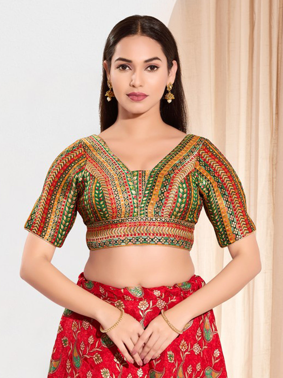 Green brocade printed V neck elbow sleeve blouse