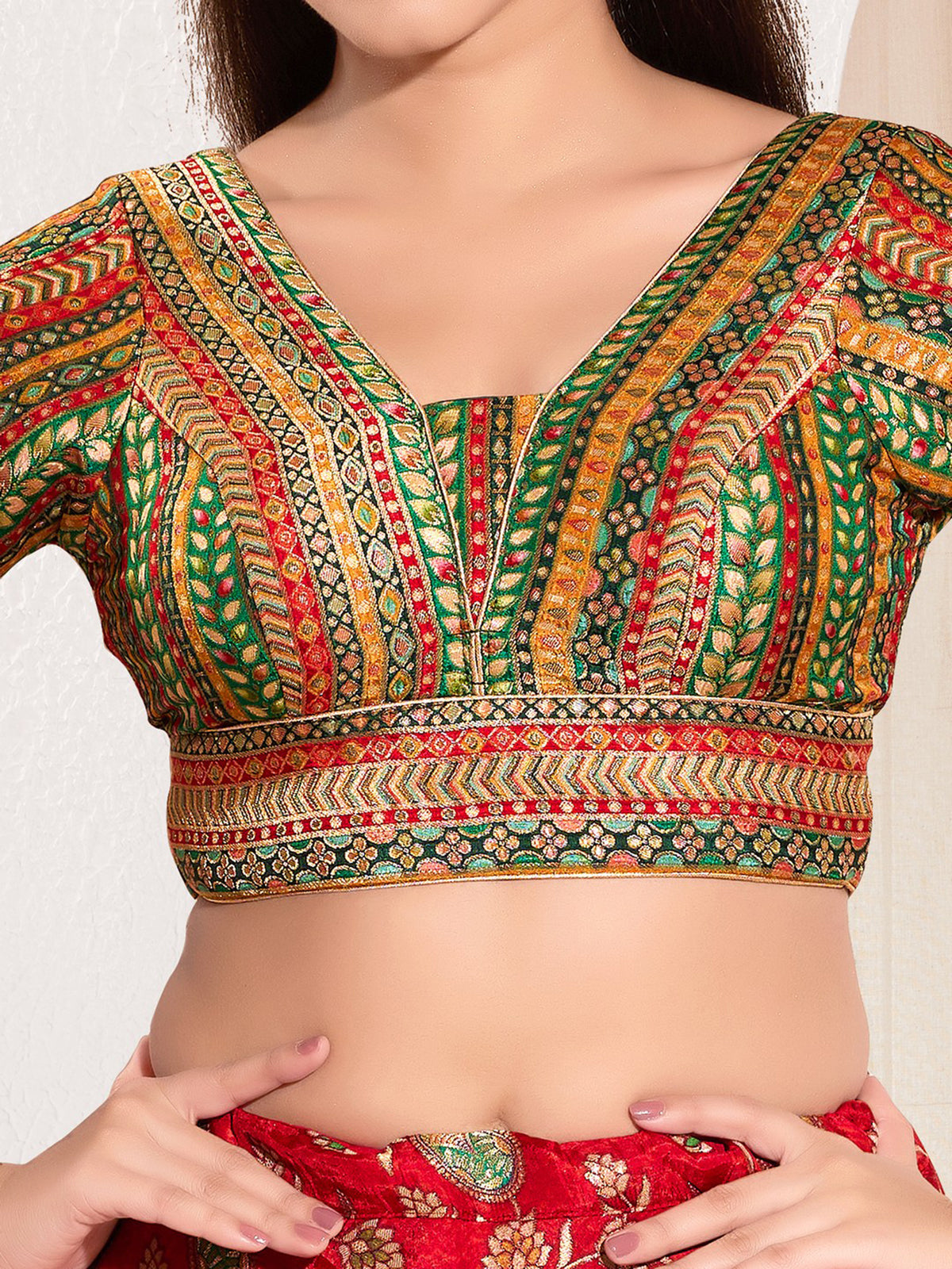 Green brocade printed V neck elbow sleeve blouse
