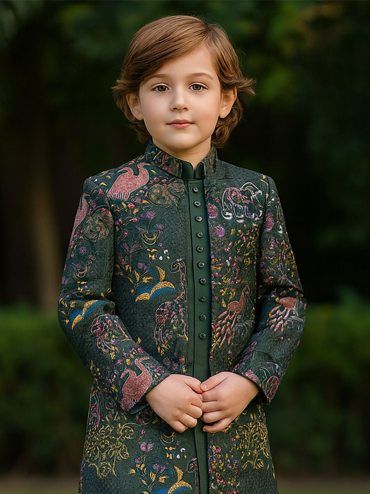 Green cotton silk embroidered indowestern suit