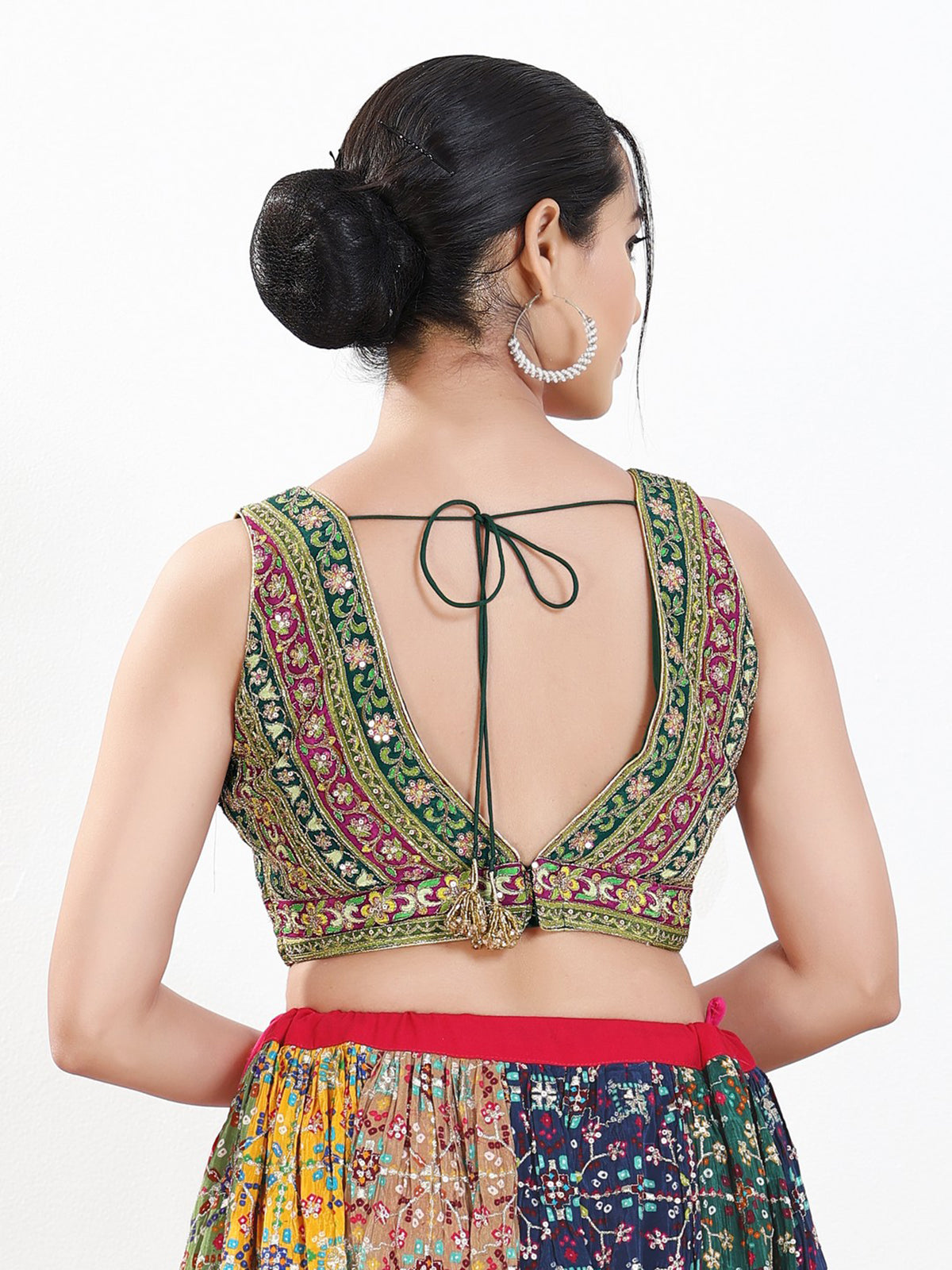 Green georgette sequins V neck blouse