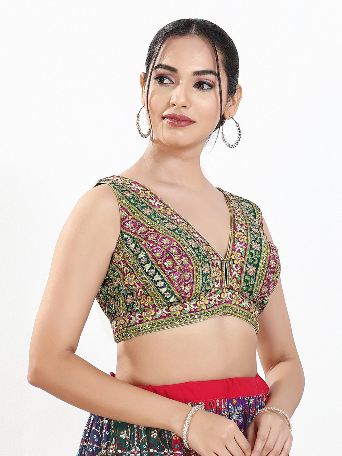 Green georgette sequins V neck blouse
