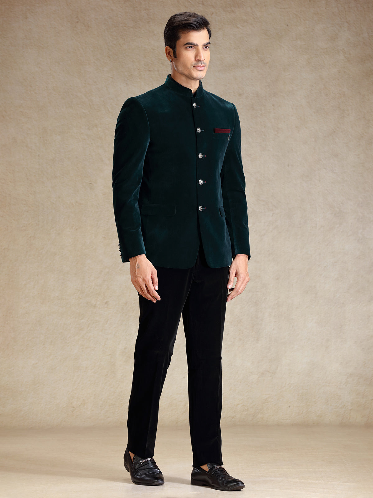 Green jodhpuri bandh gala set in velvet