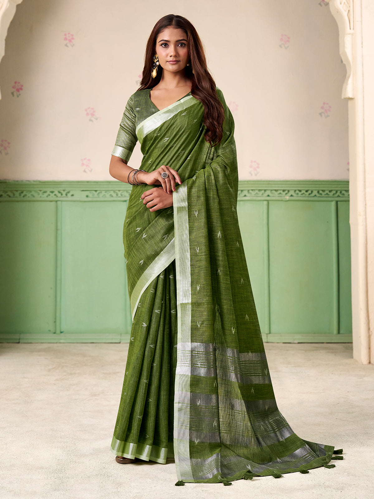 Green linen silk unstitched blouse design