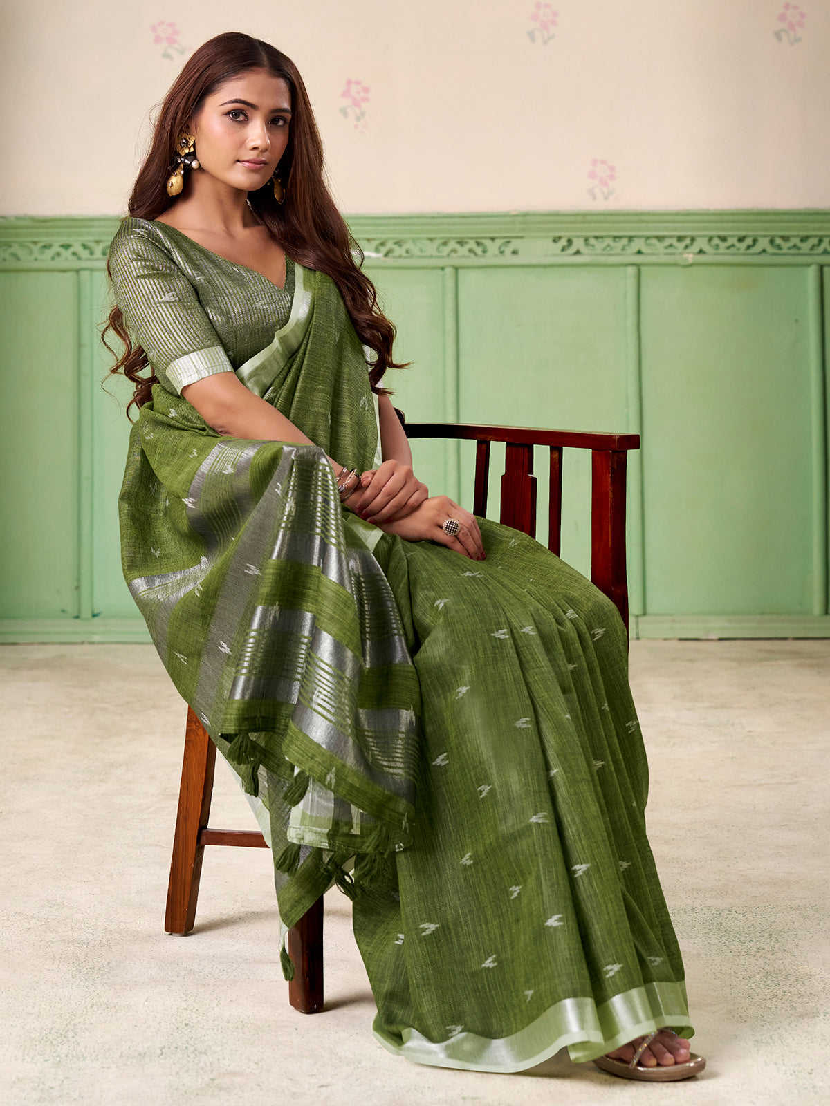 Green linen silk unstitched blouse design